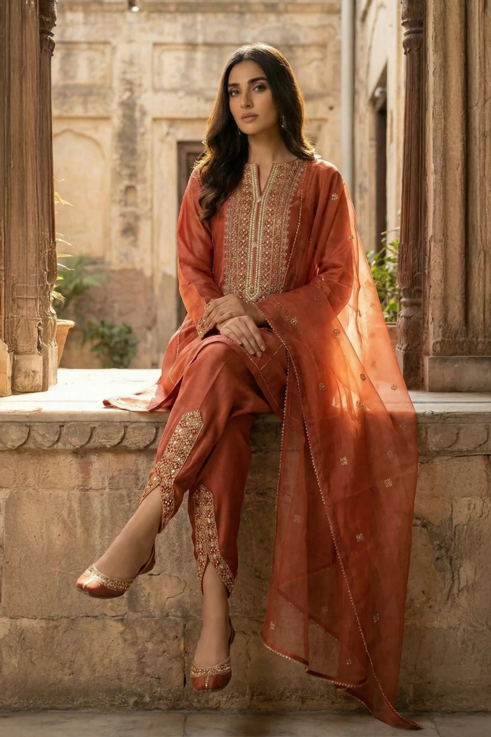 3 Piece - Premium Pure Silk Embroidered Suit LFP1146 - Image 5